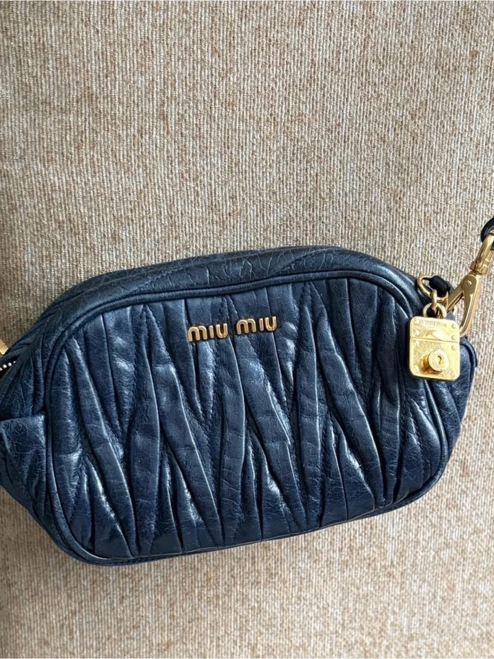 Miu Miu Quilted Navy Leather Crossbody with Gold Hardware